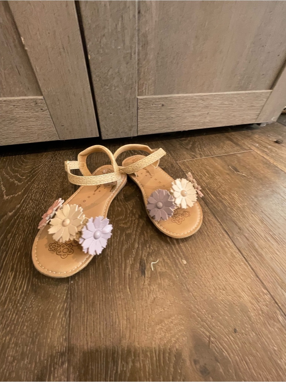 Self Esteem Girls Floral Strap Sandals in Tan with Pastel Flowers
